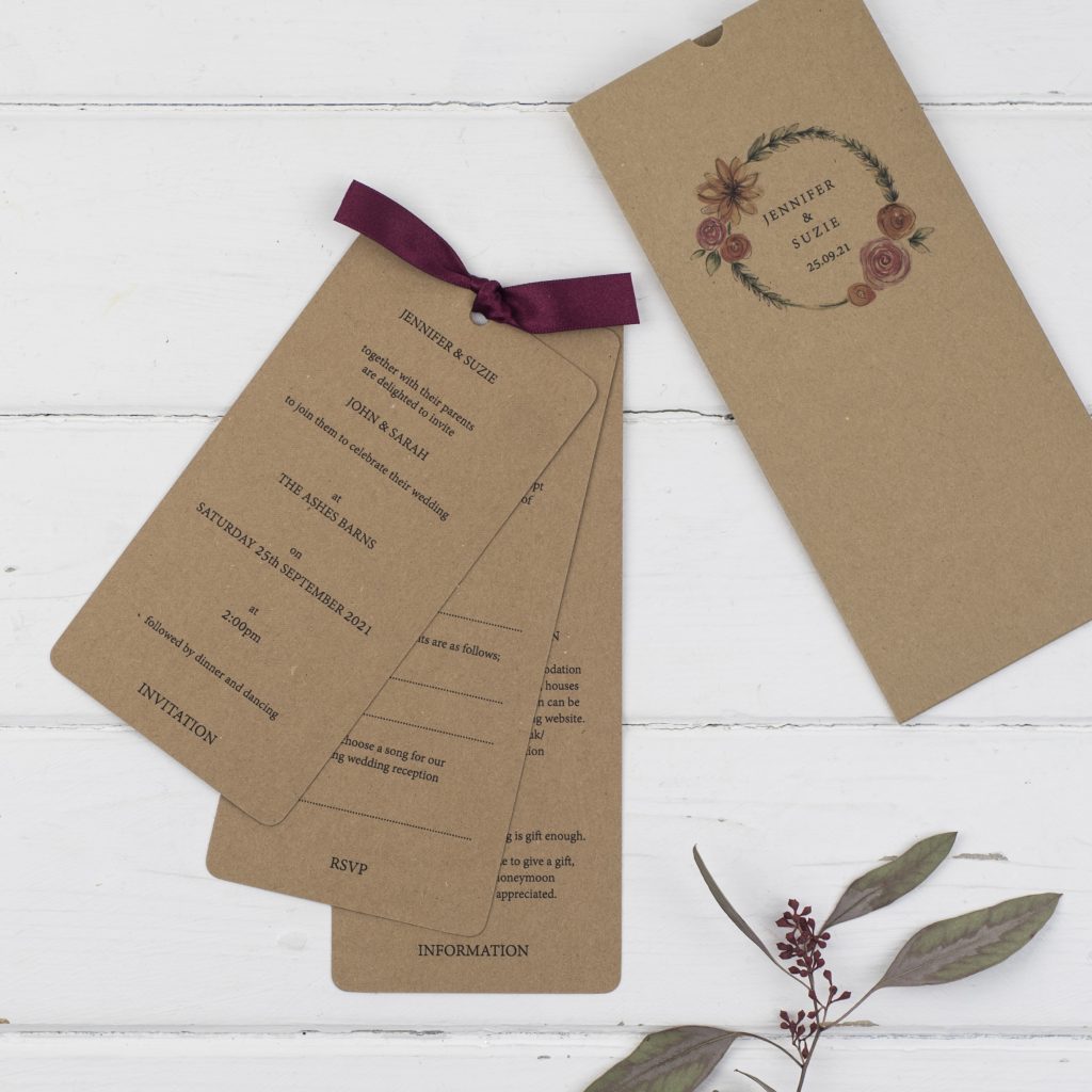 rustic wallet types of wedding invitations kraft card burgundy ribbon tied inserts floral wreath names