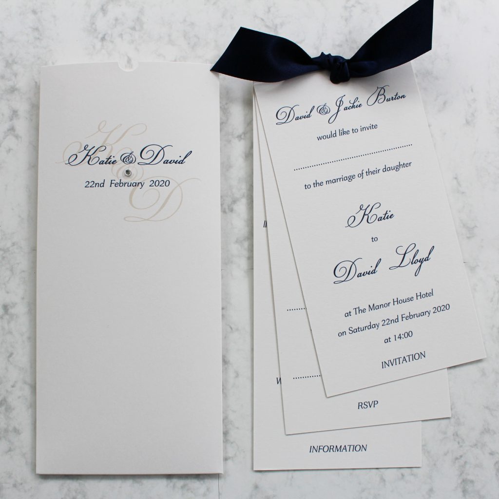 types of wedding invitations wallet inserts tied navy ribbon ivory printed card