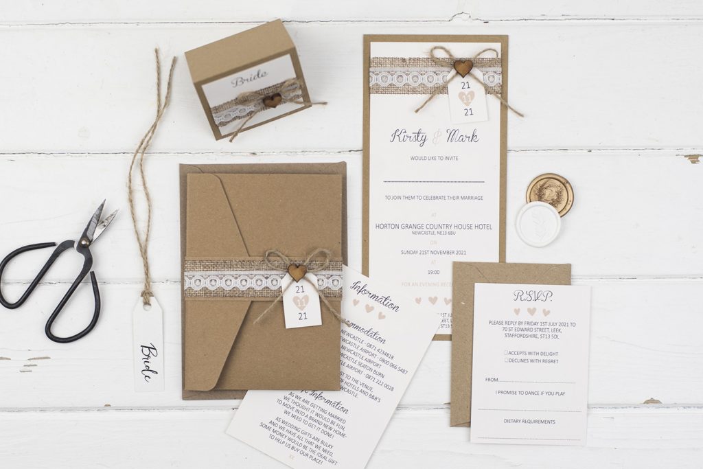 rustic handmade wedding invitation suite pocketfold flat invitation kraft burlap lace twine wooden heart