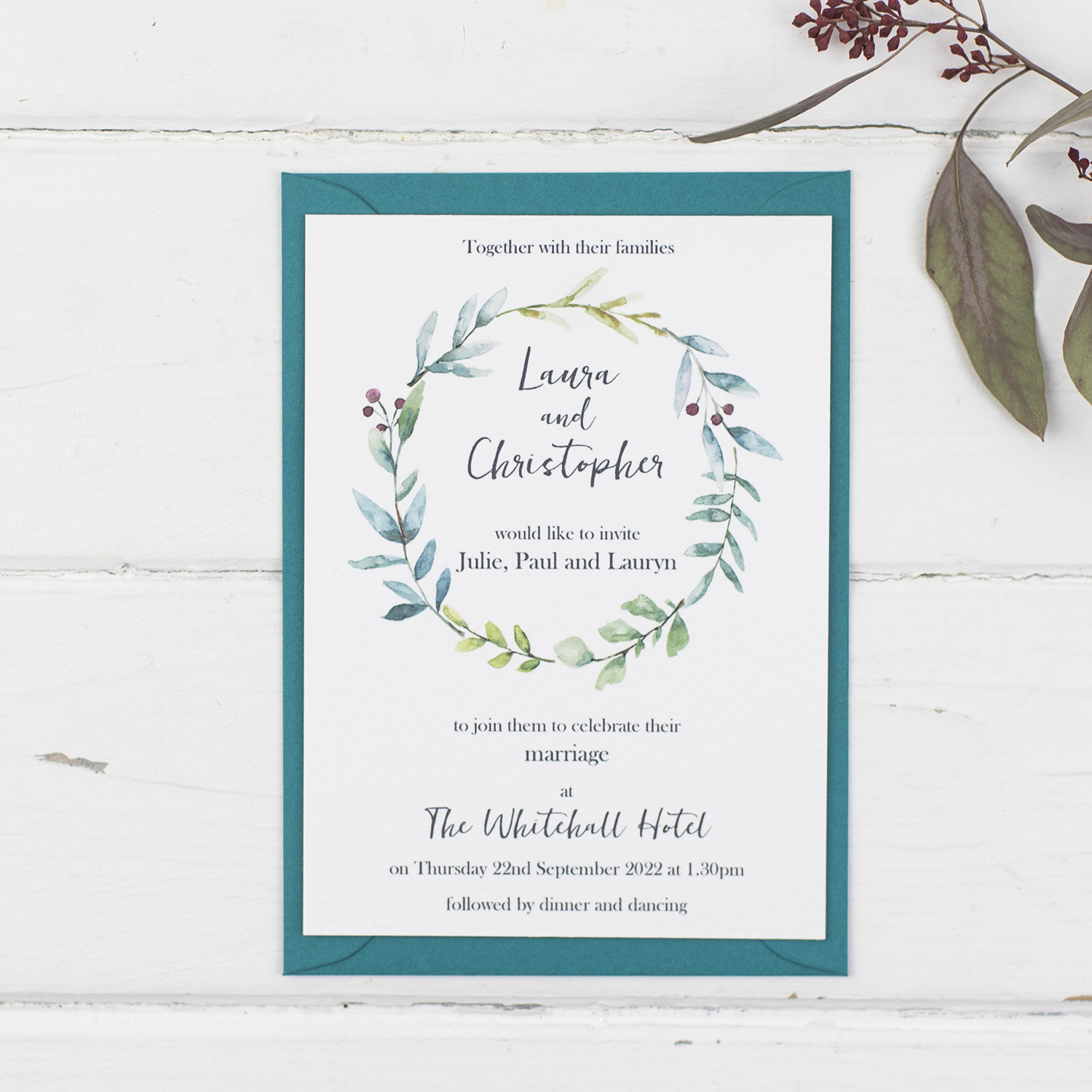 handmade wedding invitations invite painted foliage wreath textured white teal envelope
