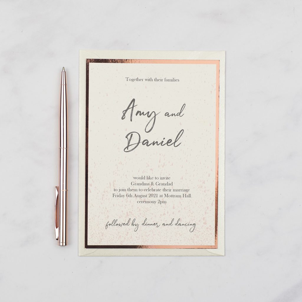 luxury handmade wedding invite ivory card copper foil edge