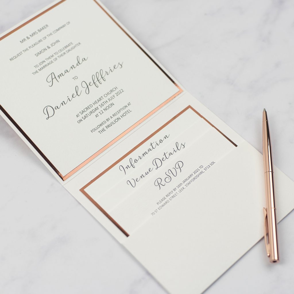 luxury handmade wedding invitations inside pocketfold 3 inserts invitation copper foil edge