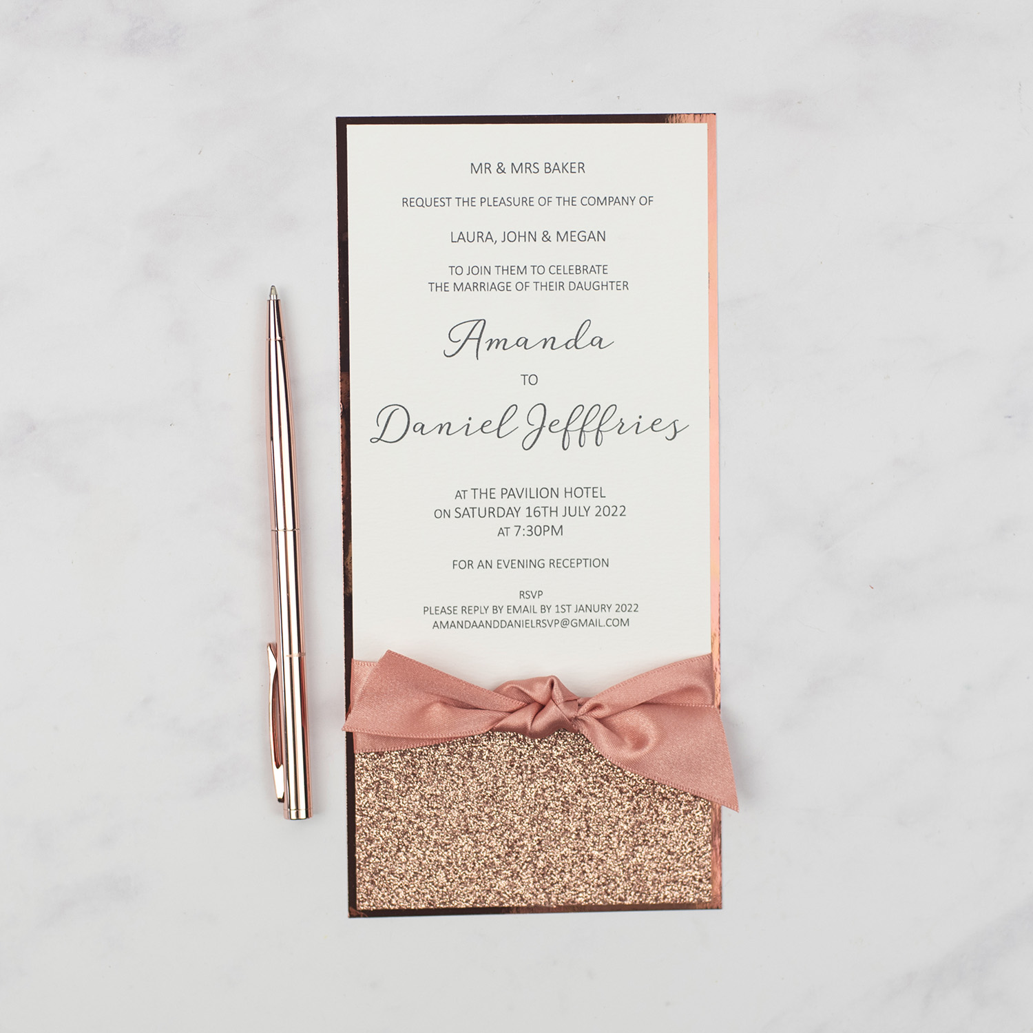 luxury wedding invitation flat invite rose gold glitter satin ribbon bow copper foil edge