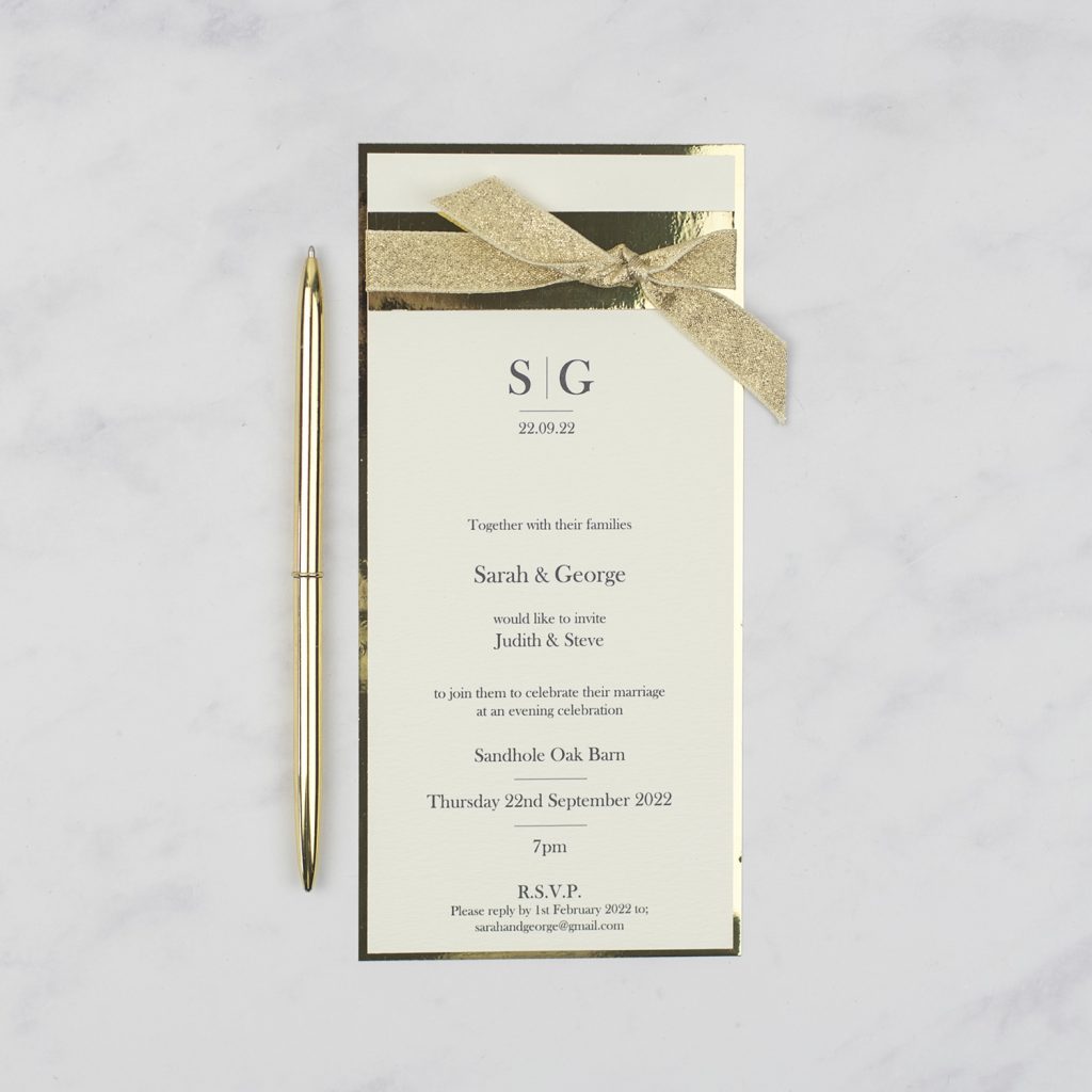 luxury wedding invitations evening invitation flat textured ivory gold foil gold lame ribbon