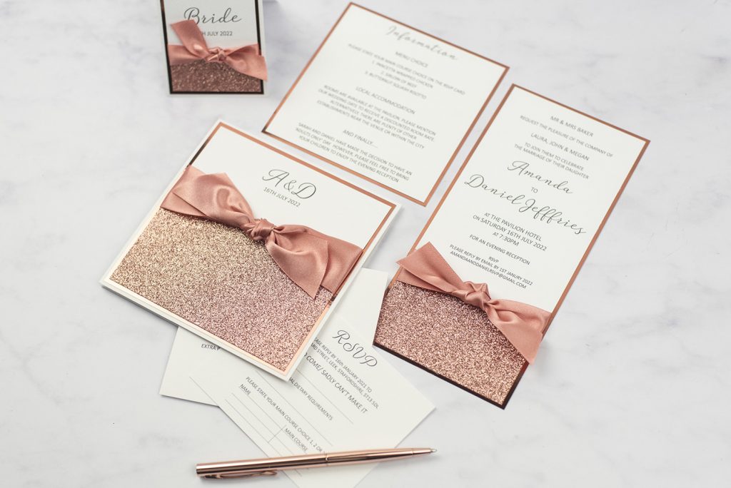 luxury handmade wedding invitations pocketold flat evening inserts rose gold glitter ribbon bow copper foil