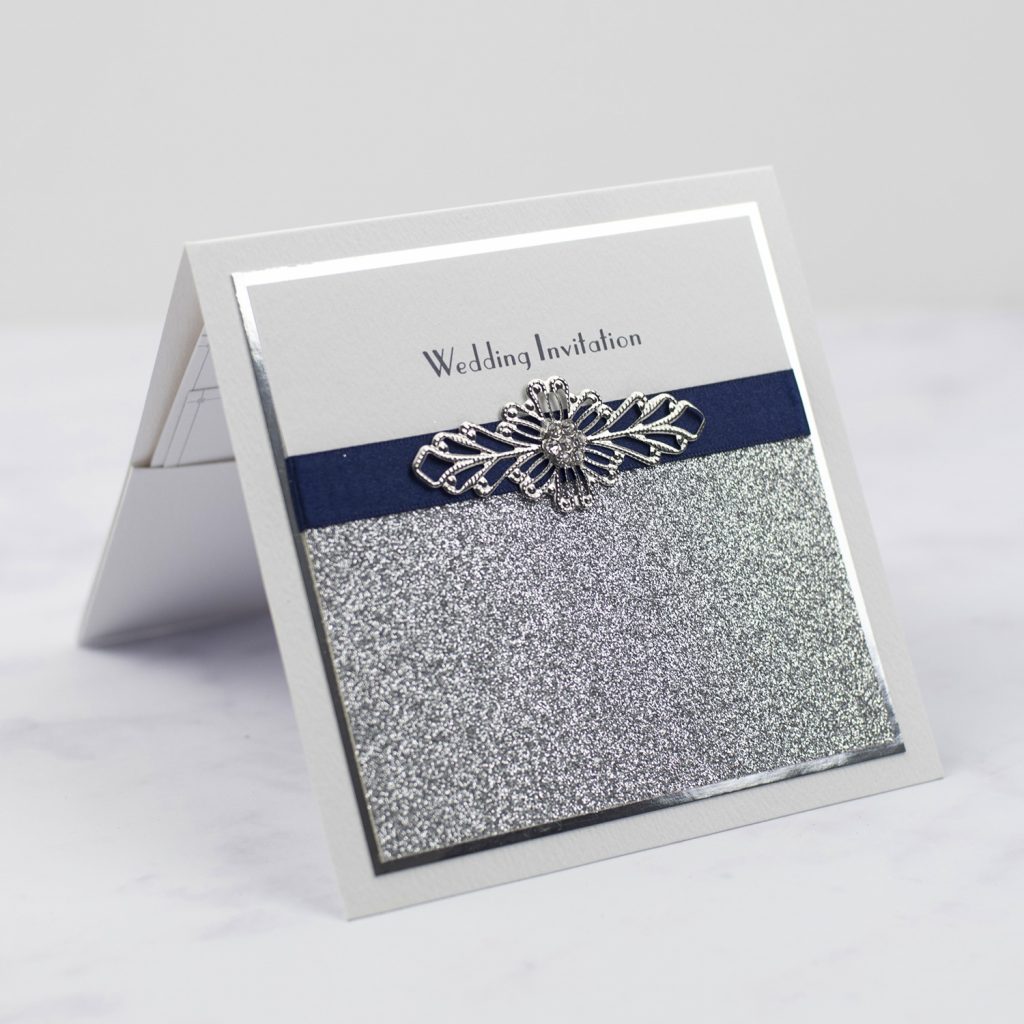 types of wedding invitations pocketfold invitation silver glitter foil edge navy ribbon wire crystal embellishment