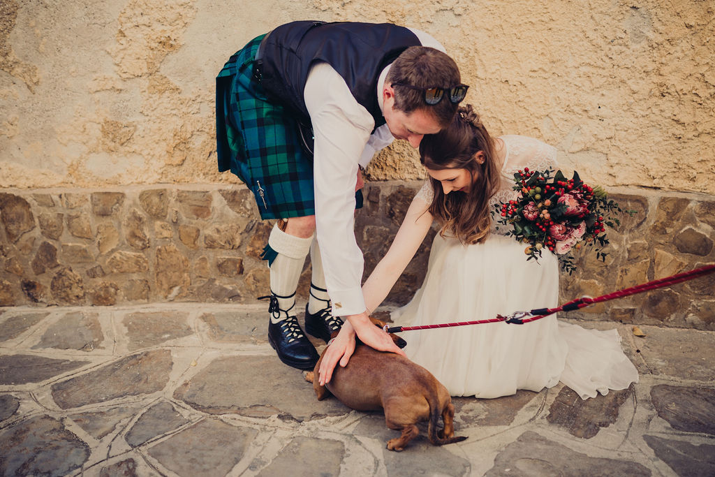 wedding checklist bride and groom dog bouquet stone wall