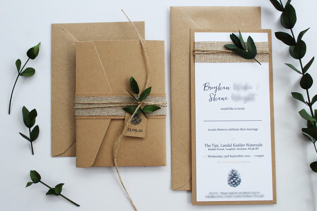 wedding stationery staffordshire wedding invitation brown card burlap twine eucalyptus sprig flat invitation 