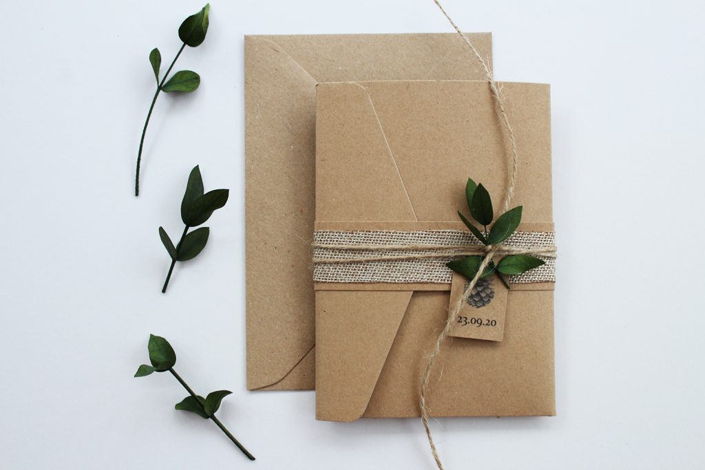 wedding stationery staffordshire wedding invitation brown card burlap twine eucalyptus sprig