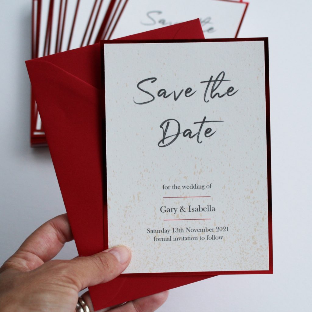 wedding invites save the date card ivory with red foil edge hand holding