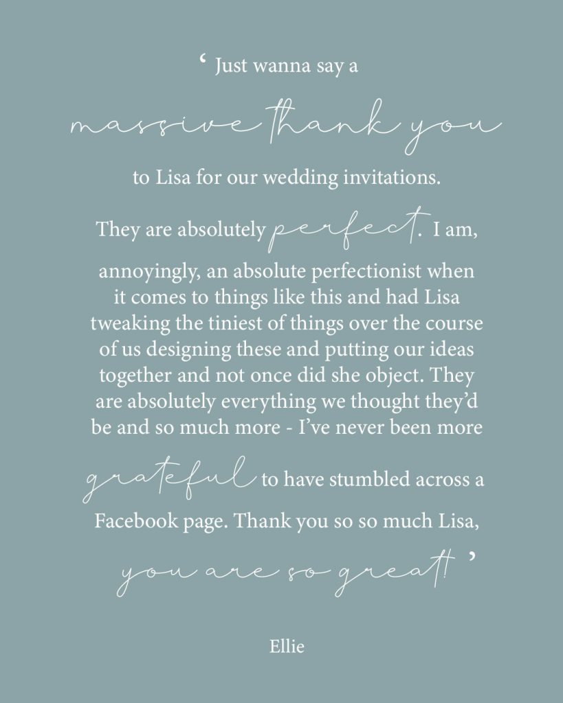 wedding invites text reading excellent customer review for Lisa 