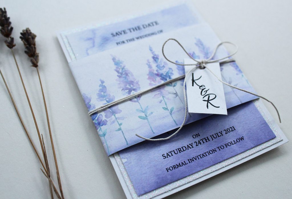 wedding save the dates lilac watercolour floral tag white string bow dried lavendar