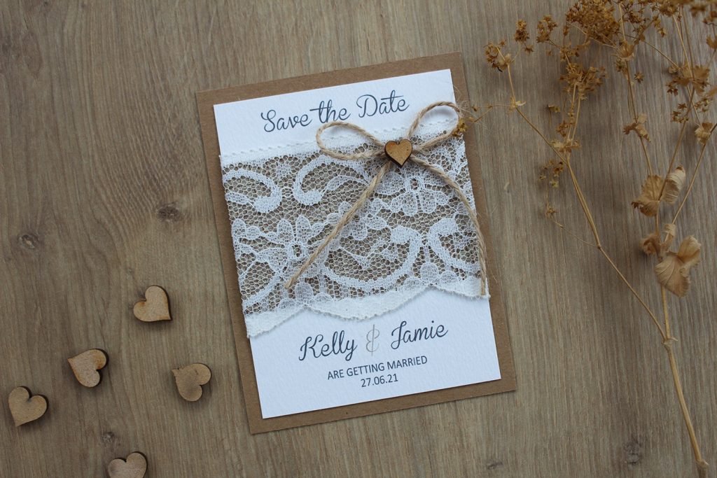 wedding save the date cards rustic lace burlap twine bow wooden heart dried flowers