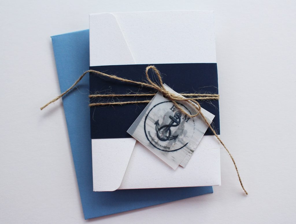 diy wedding invitation white invite navy blue belly band twine printed logo tag