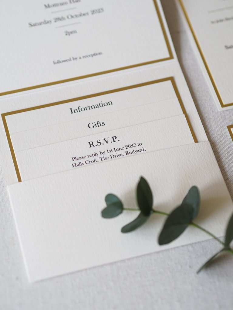 inside of pocketfold wedding invitation 3 inserts gold edge in pocket information gifts rsvp
