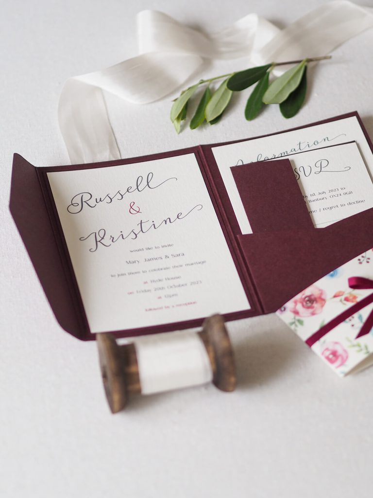 inside pocketfold wedding invitation righthand pocket information and rsvp card burgundy white inside floral bellyband