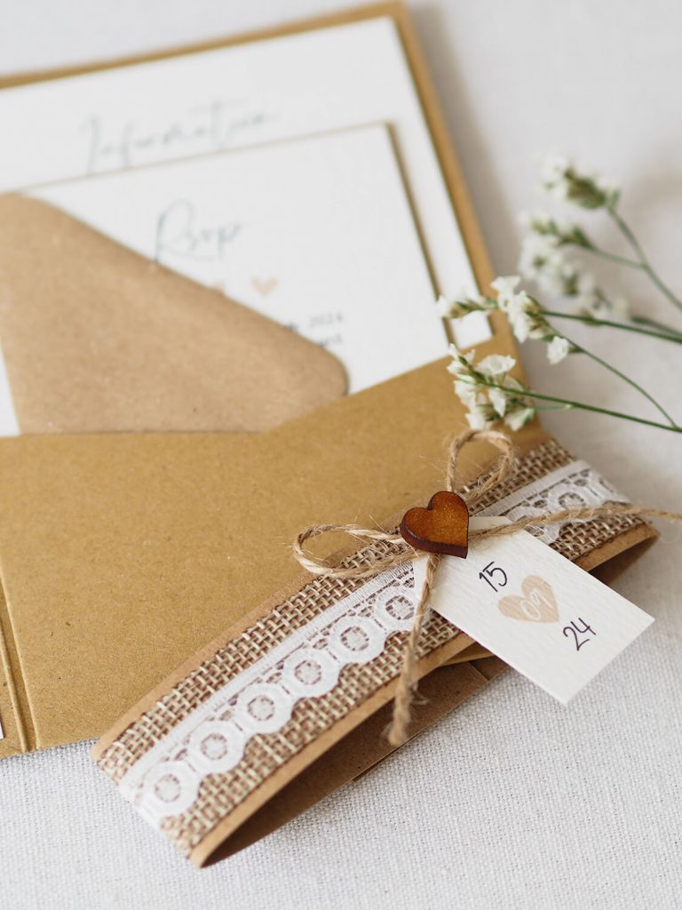 rustic brown wedding invitation bellyband burlap lace twine bow wooden heart date tag