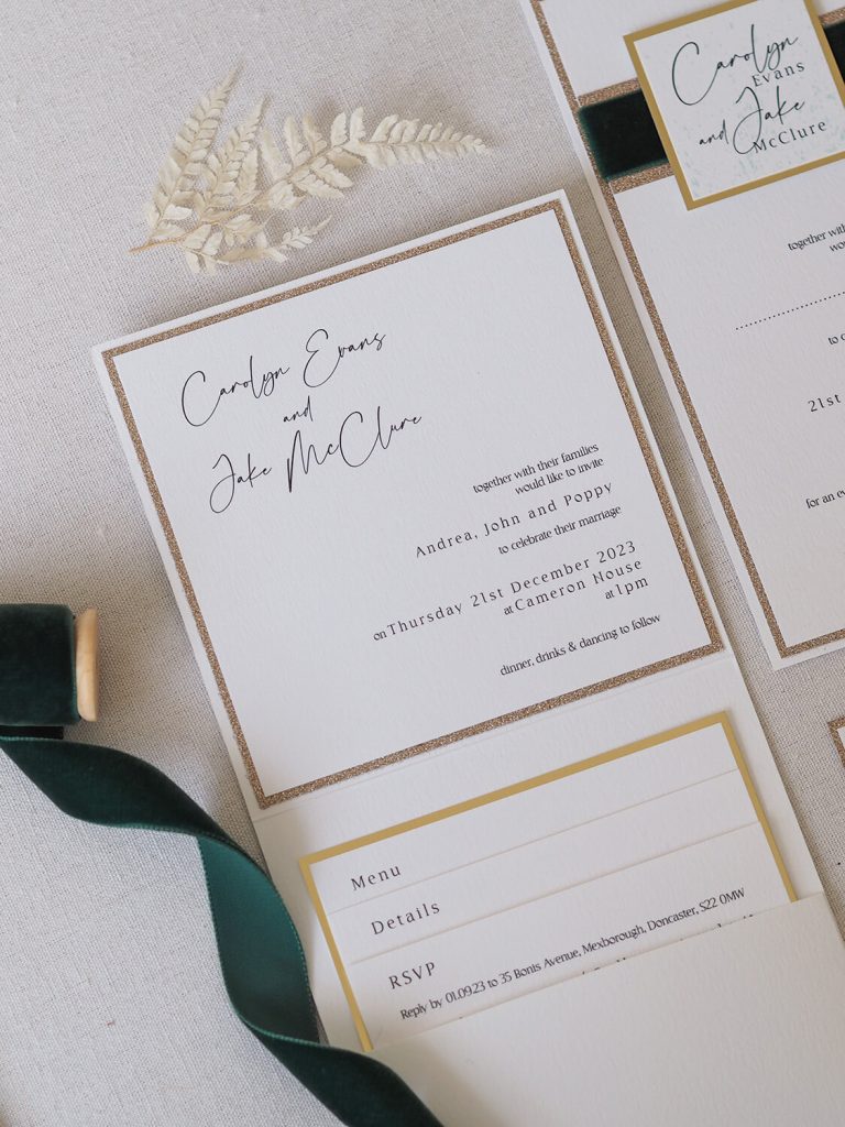 open pocketfold wedding invitation 3 inserts with gold edge invite glitter edge emerald green velvet ribbon